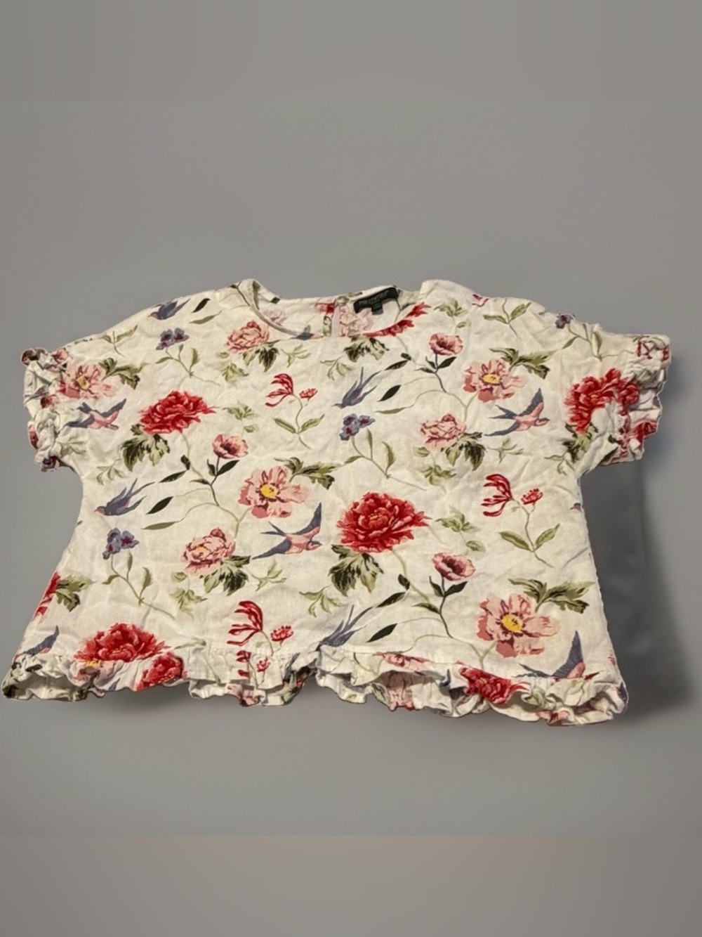 For Cynthia Petite Small Floral Bird Print Ruffle Hem Blouse Top PS